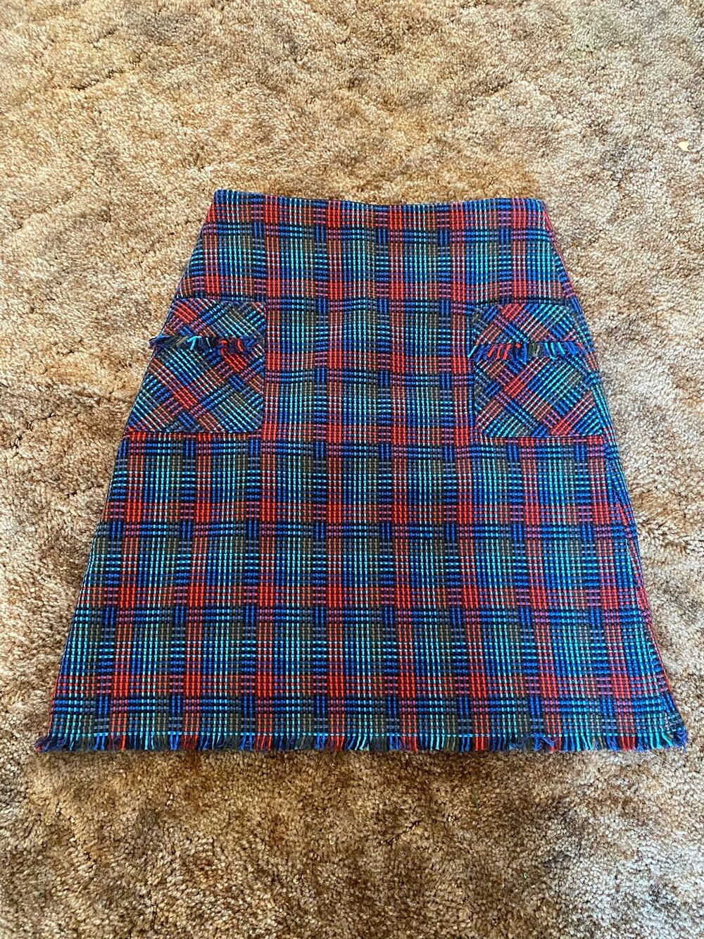 Boden Boucle Tweed Plaid Fringe Trim Mini Pencil Skirt Multicolor Flap Pocket